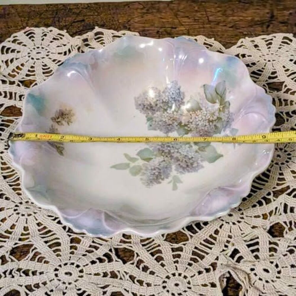 Antique Silesia Germany Lusterware Porcelain Serving Bowl Purple Lilac Floral 9" - Picture 8 of 9